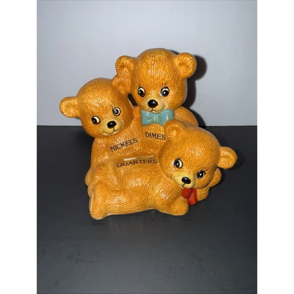 Vintage Ceramic Teddy Bear Coin Bank For Nickels Dimes & Quarters Collectible Ma
